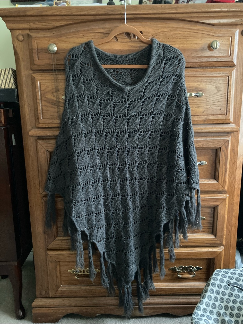 Women's Gray Fringe Knit Poncho Sweater